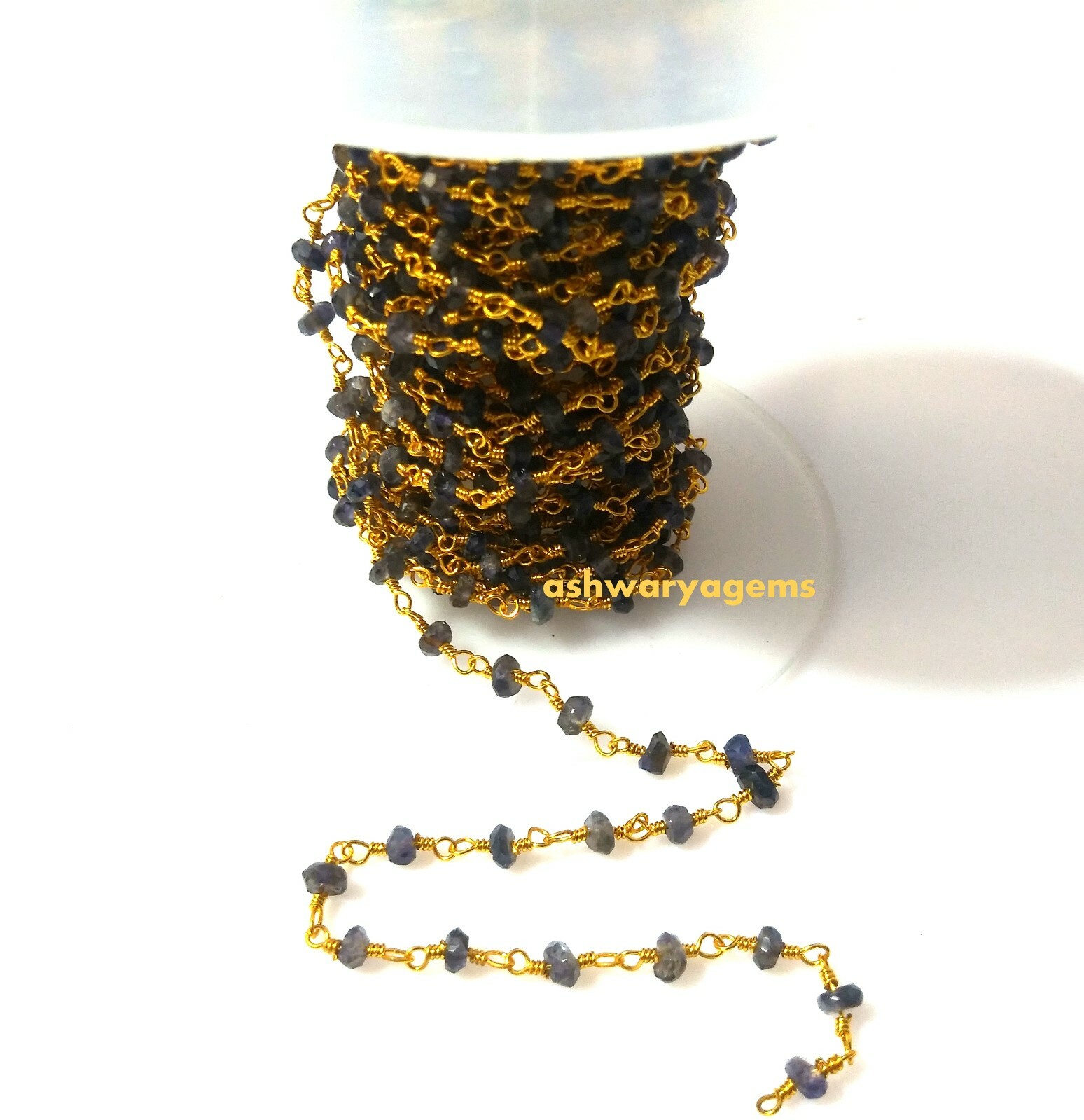 Beaded Chain Iolite Roundelle Faceted 3-4mm Rosary 3 Feet 24k Gold Plated Beads