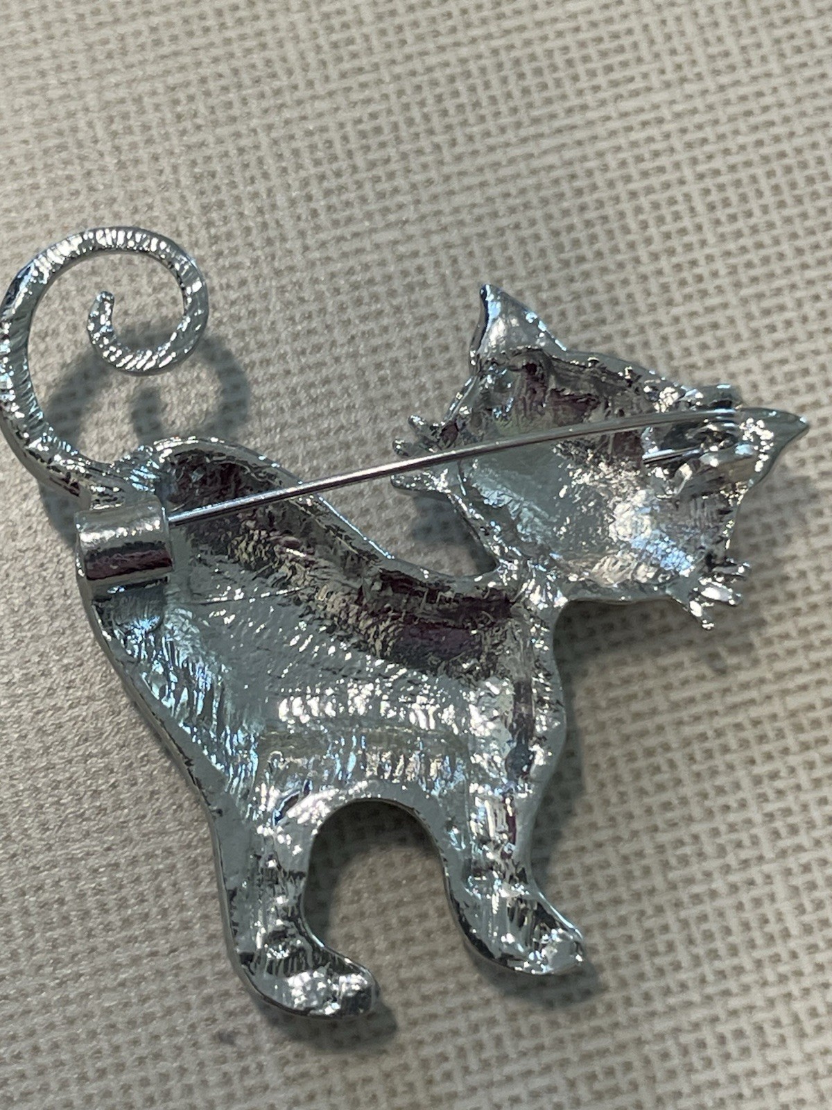 Vintage Silver Tone Clear Rhinestone Cat Brooch Red Nose Kitty Pin