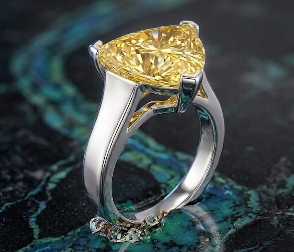RARE 4.30 Ct Certified Trillion Yellow Natural Diamond Ring White Gold Finish