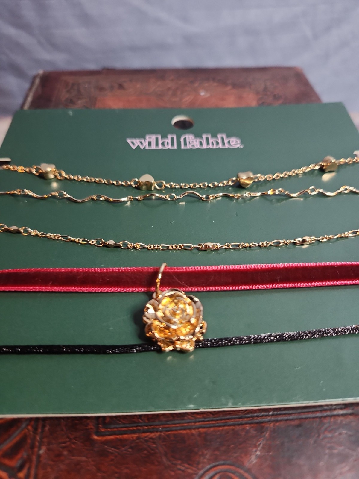Wild Fable 4pc Necklace Set Gold Tone Chain Red Velvet Rose Charm