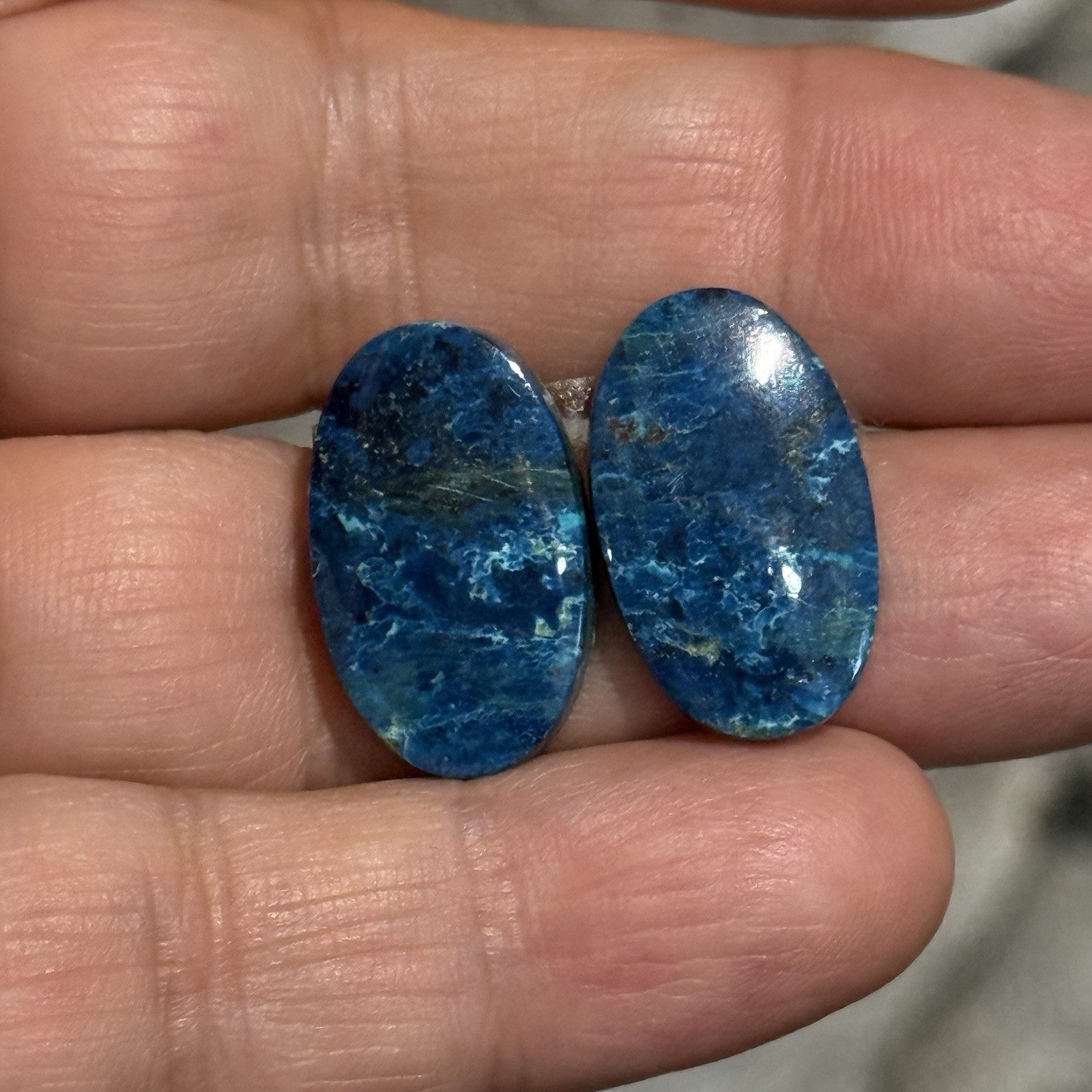 22.9ct 20.2×12.3×4.2mm Pair Of Rare Dark Blue Shattuckite Oval Cabochons Gems