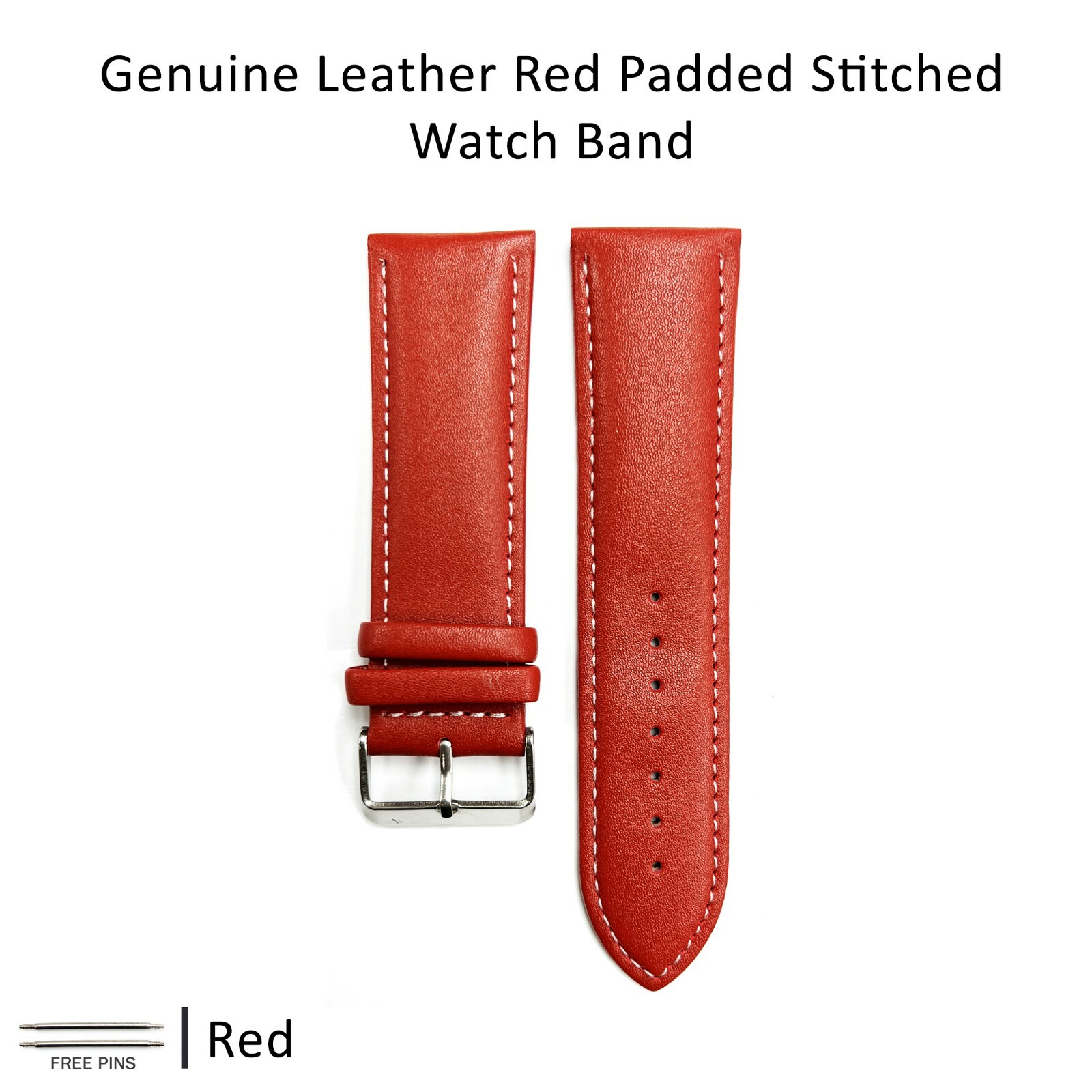 Genuine Leather Red Color Watch Band 12 MM to 30 MM Red & White Stitched