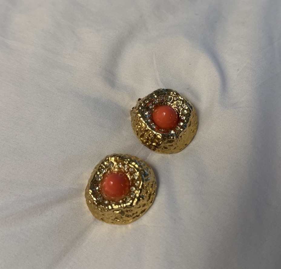 Vintage JKL Kenneth Jay Lane Gold Tone Clip On Earrings With Orange Enamel Pearl