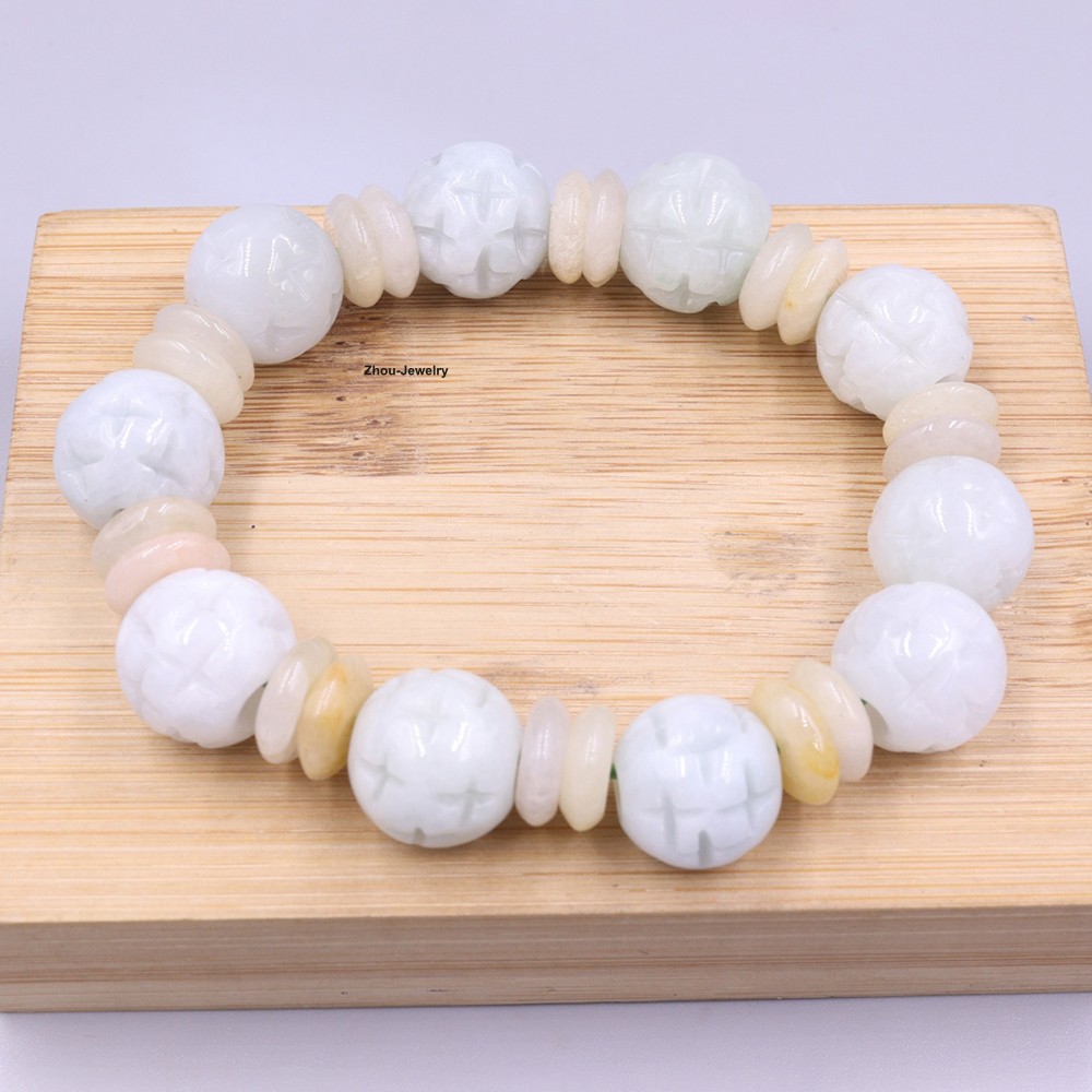 Natural Grade A Jade 14mm Carved Bead Handmade Women Men Elastic Bracelet