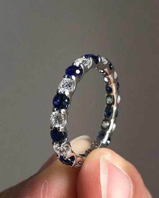 2Ct Round Cut Lab Created Diamond & Sapphire Wedding Band 14K White Gold Plated