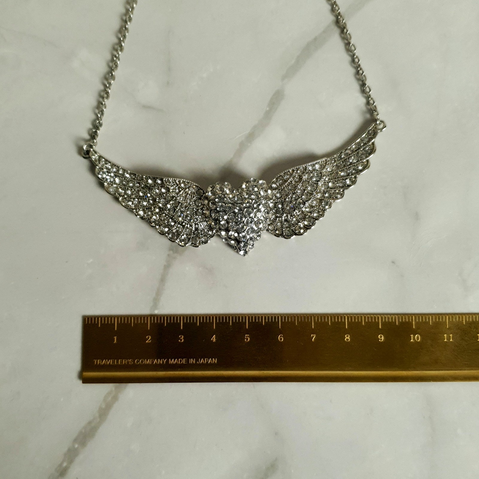 Mikey Crystal Angel Wings Heart Necklace Silver Tone Statement New Unworn Gift