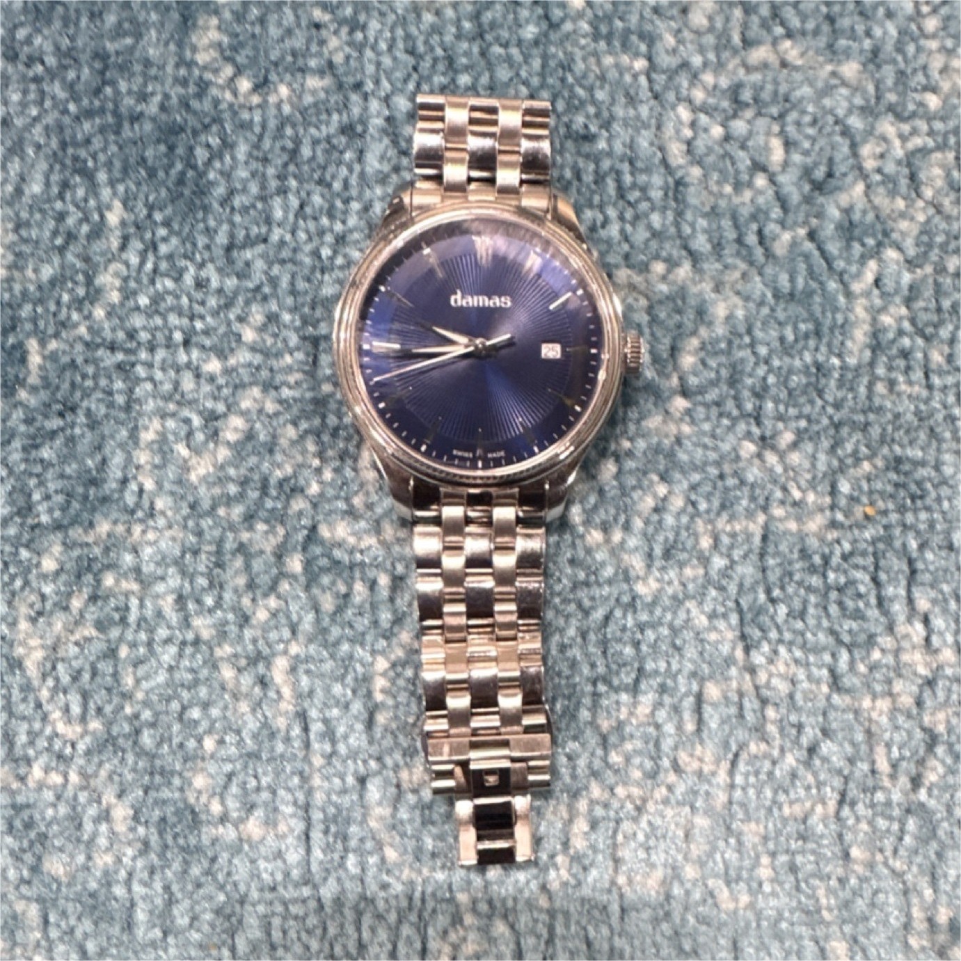 damas Men’s Blue Sunburst Dial Stainless Steel Swiss made Date Indicator