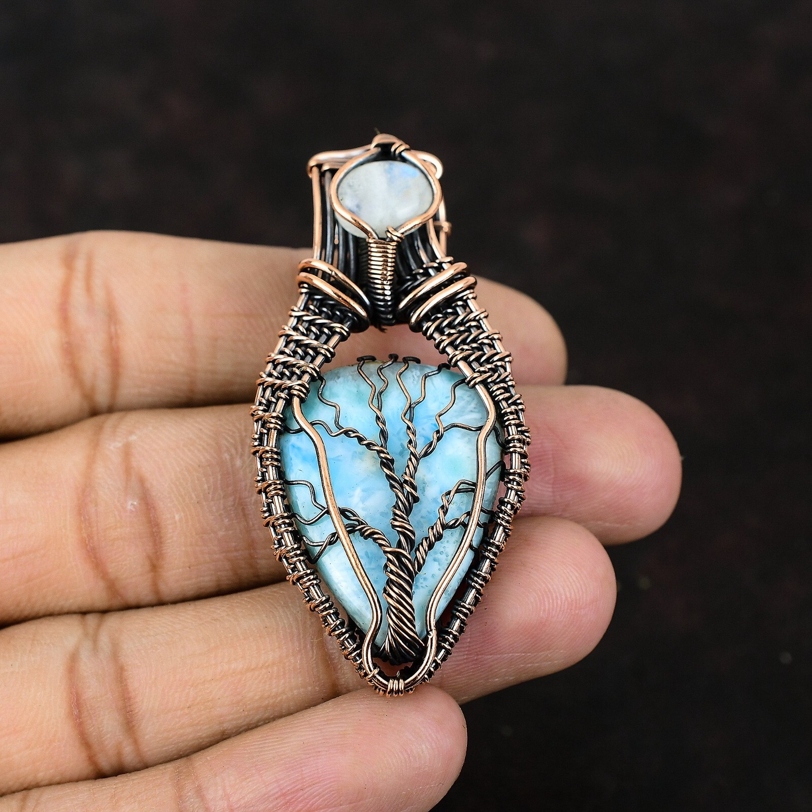 Larimar Jewelry Copper Friend Gift Wire Wrapped Tree Of Life Pendant 2.4″