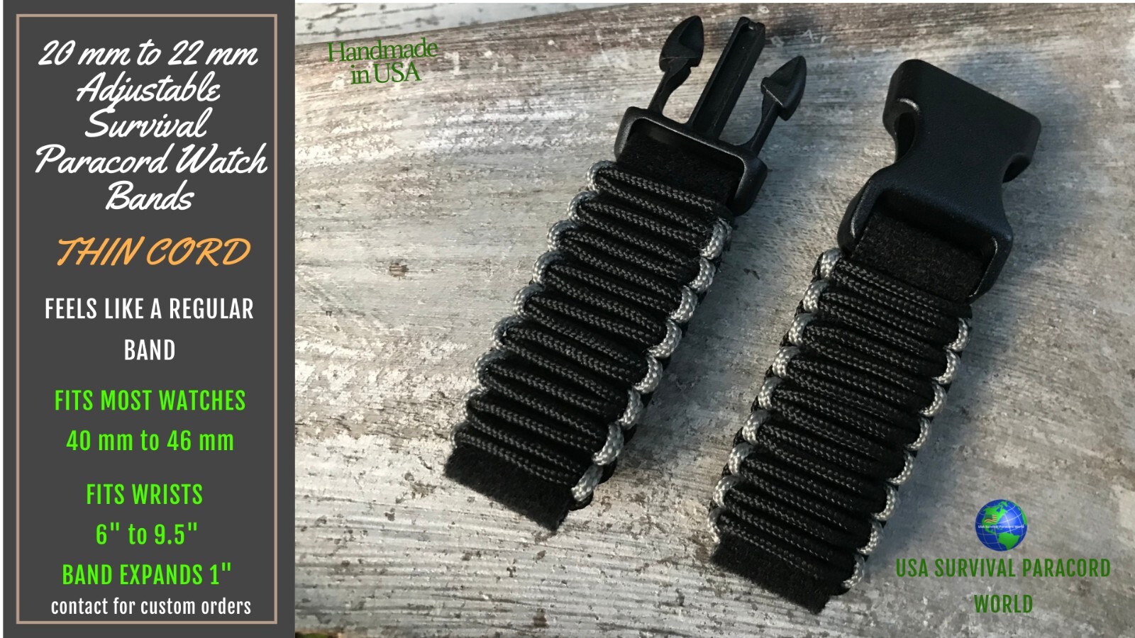 20 22mm Black Dark Gray Thin Cord Adjustable Survival Paracord Band Any Watch