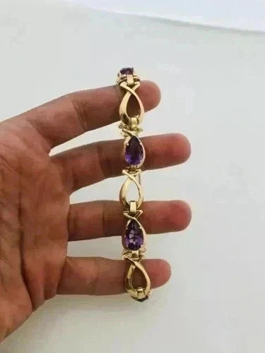 6.00CT Pear Lab Created Amethyst Women’s Tennis Bracelet 14K Yellow Gold Finish