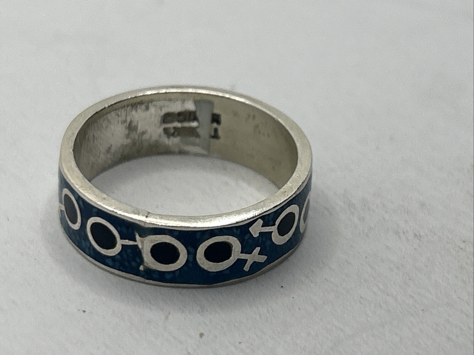 925 Sterling Silver male female ring black and blue enamel size 7.5, Mexico