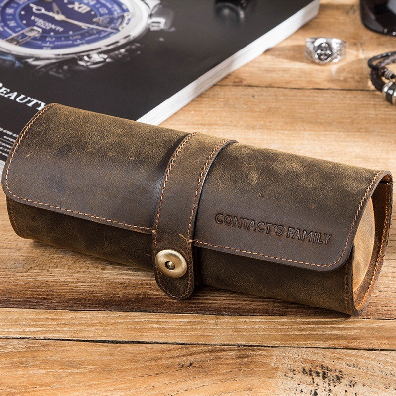 Genuine Leather Watch Roll Case 3 Slot Travel Watch Holder Portable Storage Men