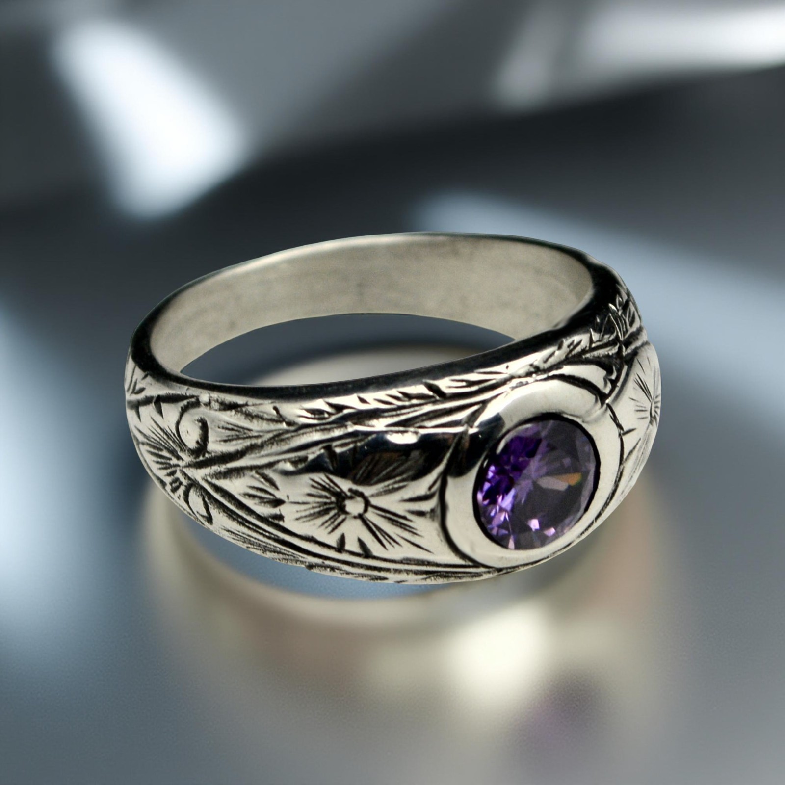 925 Sterling Silver Amethyst Men Ring Handmade Vintage Signet Band