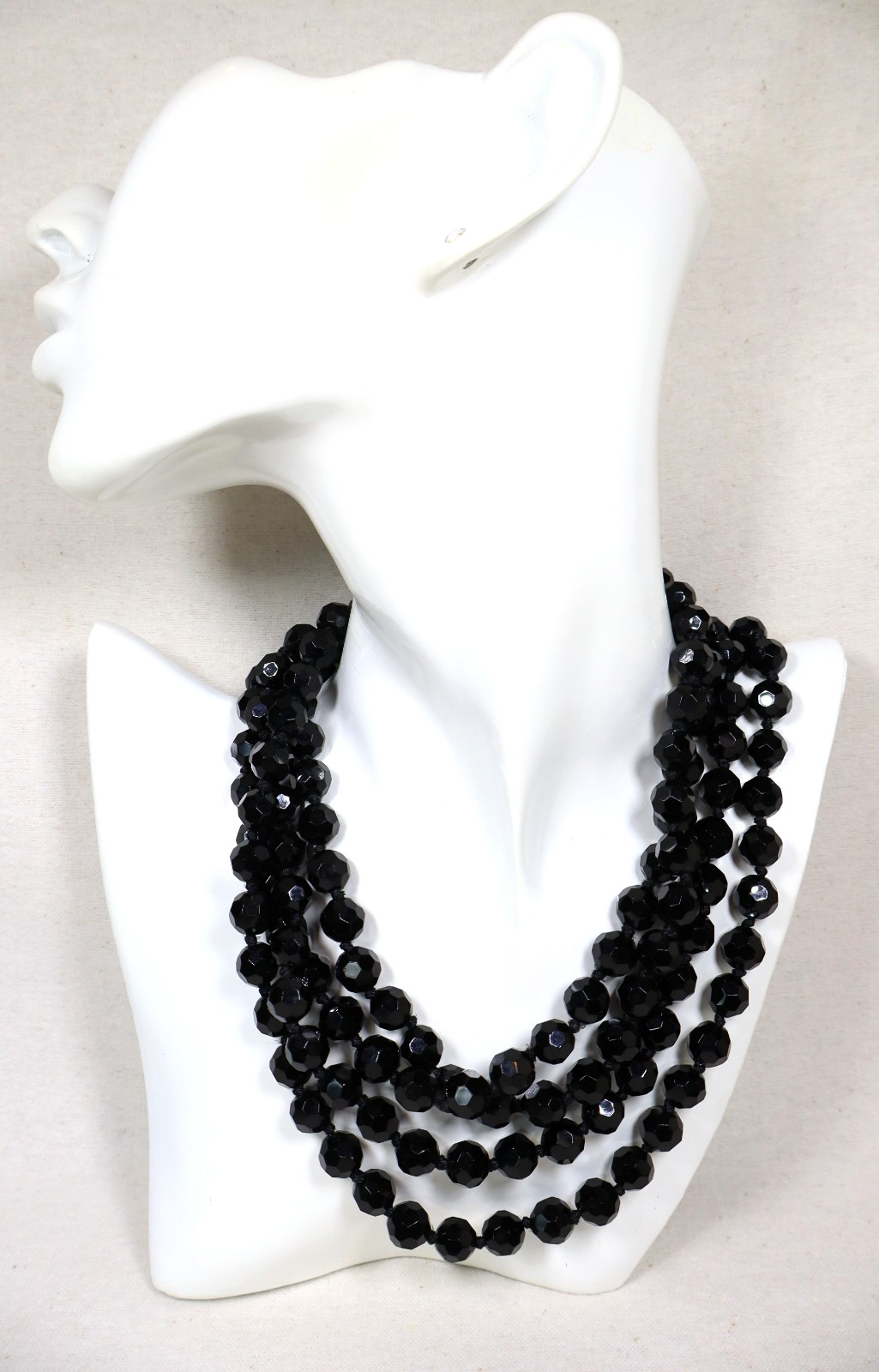 Vintage Art Deco French Jet Necklace 74″ Inch Length Faceted Black Beads