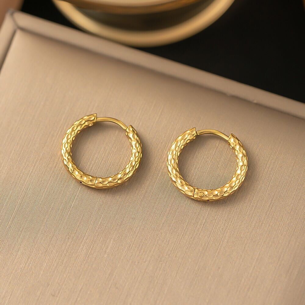 Fashion 14mm Woman 18K Gold Plated Huggie Hoop Texture Earring Pierced