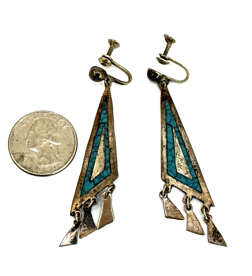Navajo Roger Skeet RS STAMPED Turquoise Earrings Inlay Sterling