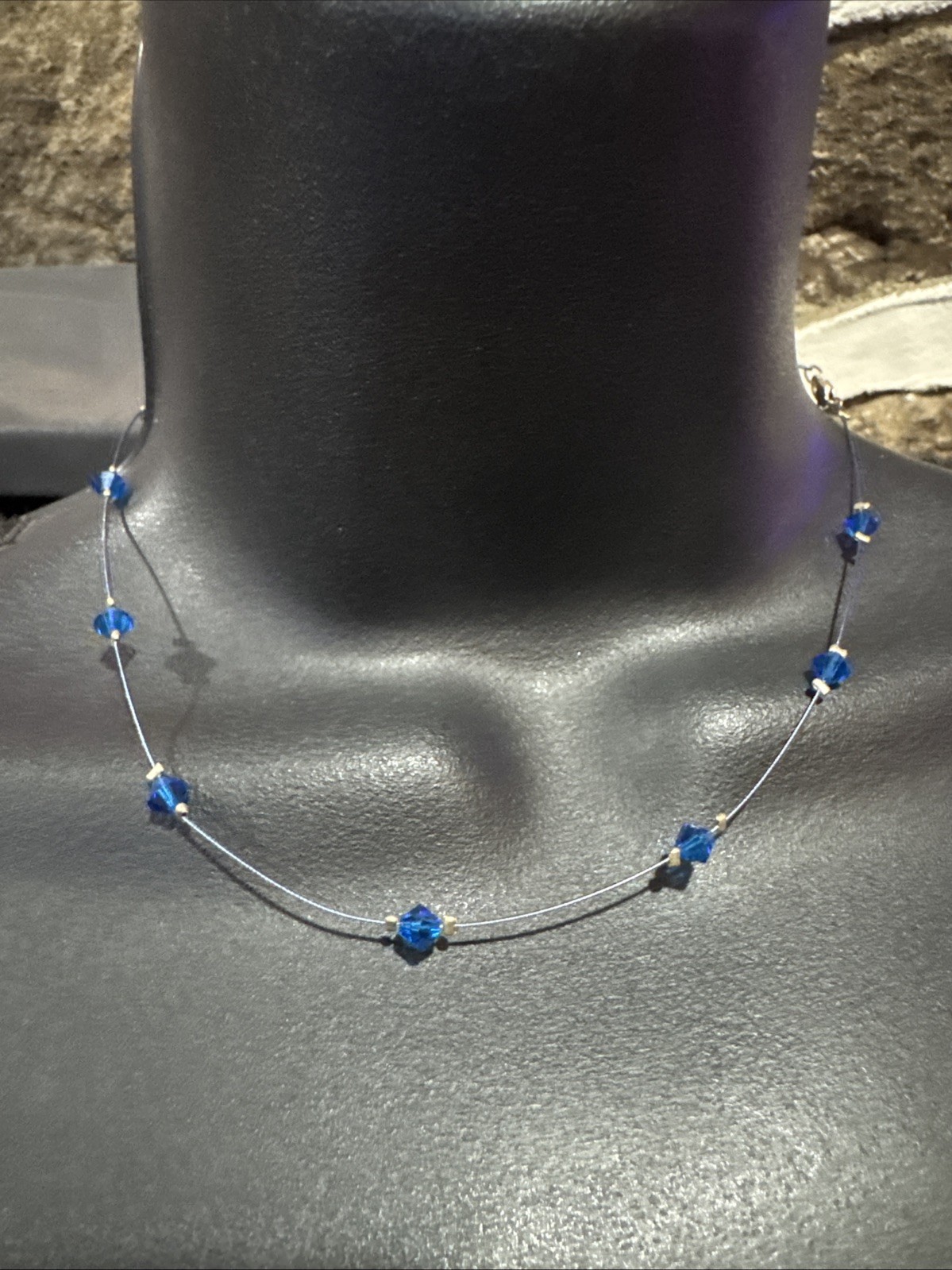 Metal Single Strand Blue Acrylic Plastic Beaded Necklace