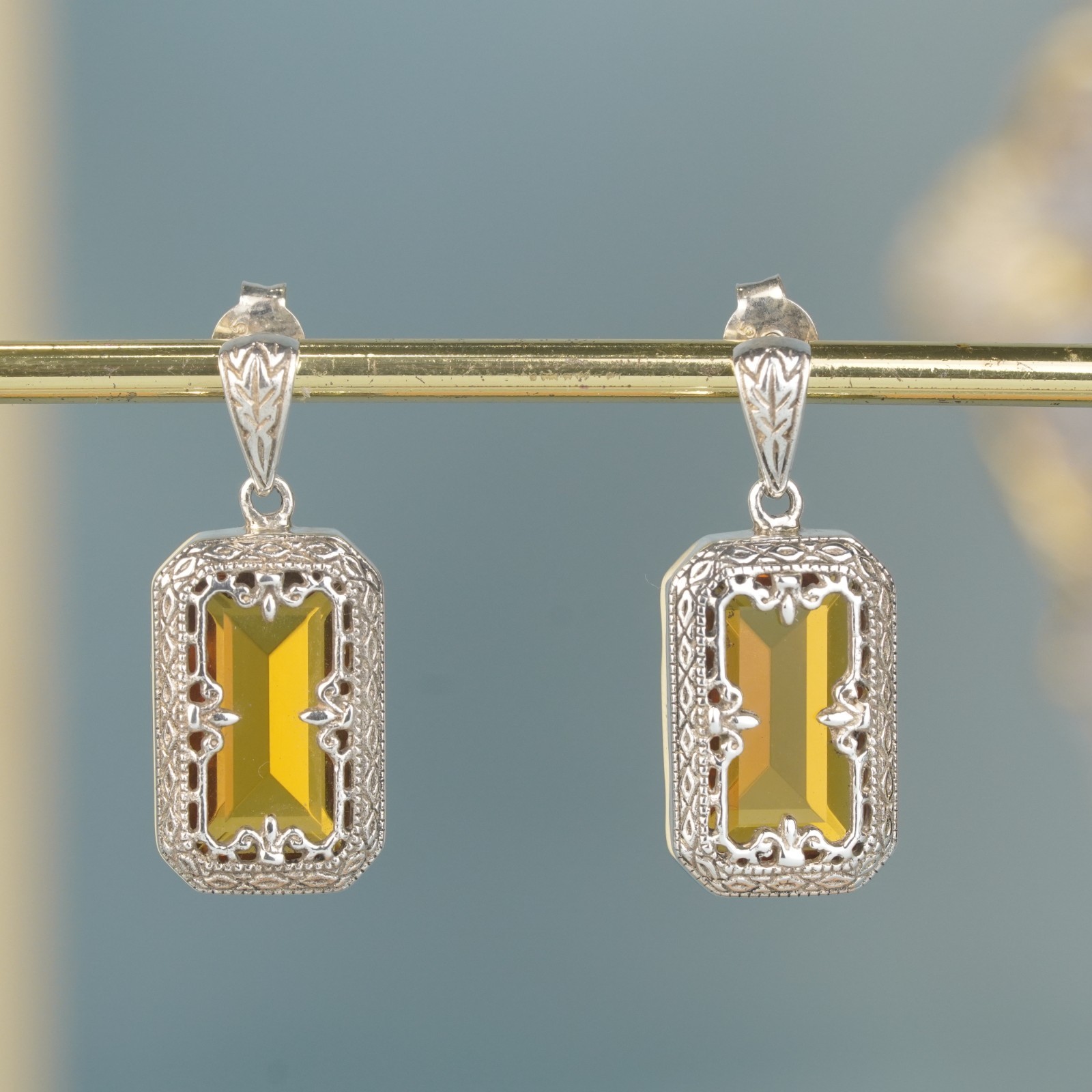 Silver925 Synthetic Citrine Vintage Filigree Earrings