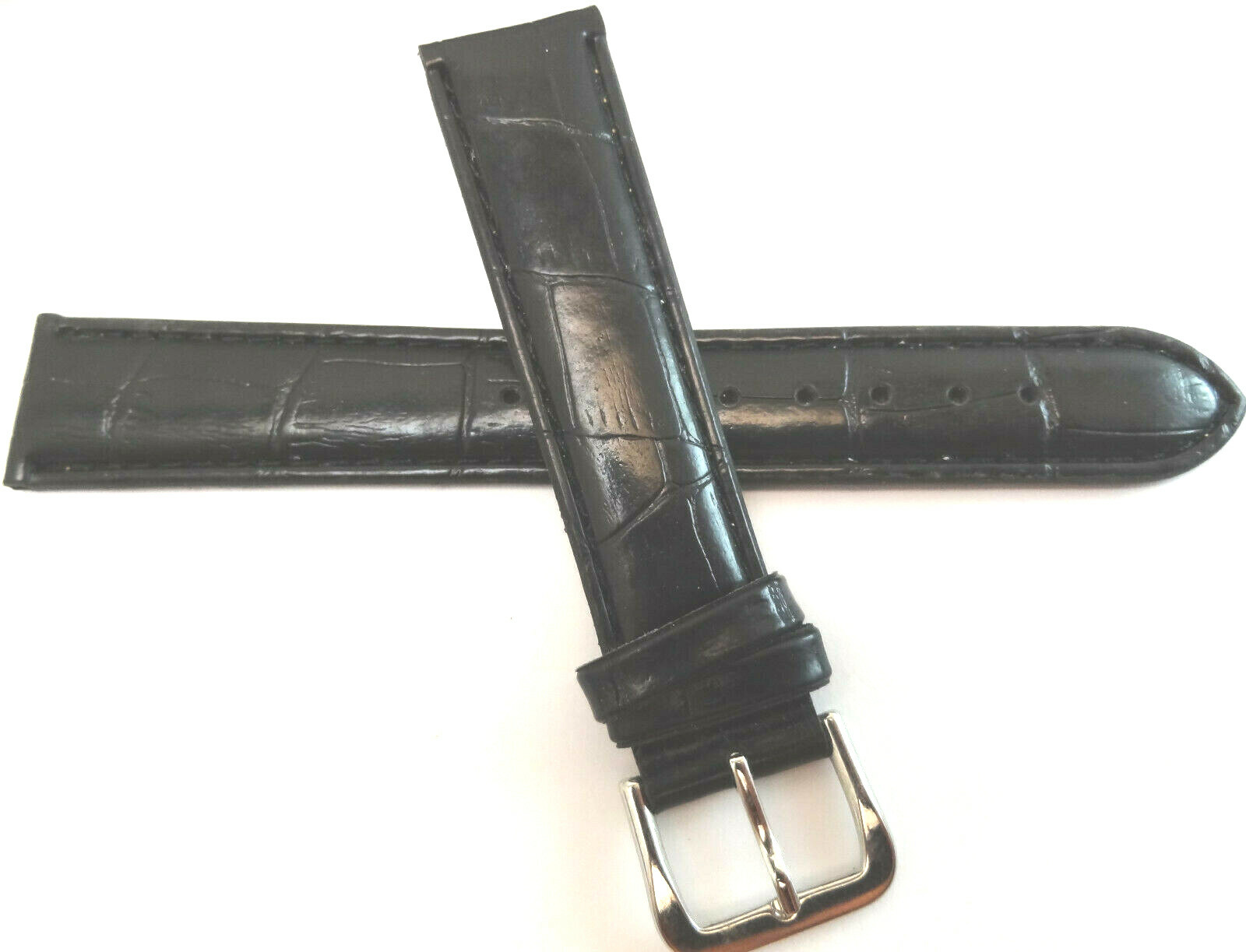 New Mens Glossy Black Simulated Embossed Bamboo Crocodile Grain 18mm Watch Band
