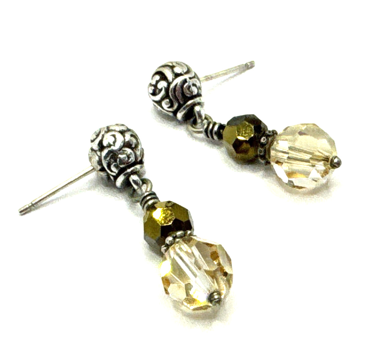 Brighton Cannes Light Ivory Beige & Sparkle Brown Beads Silver Post Earrings