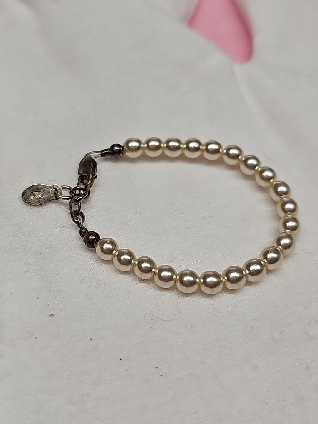 STERLING SILVER CM BABY’S Faux Pearl Beaded Vintage Bracelet 3 1/2″+1″ (OK)