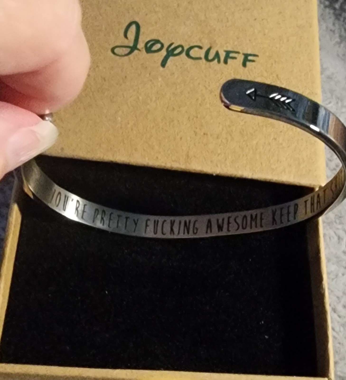 JopCuff Stainless Steel Silver Cuff Bracelet Engraved Quote Adjustable Signed
