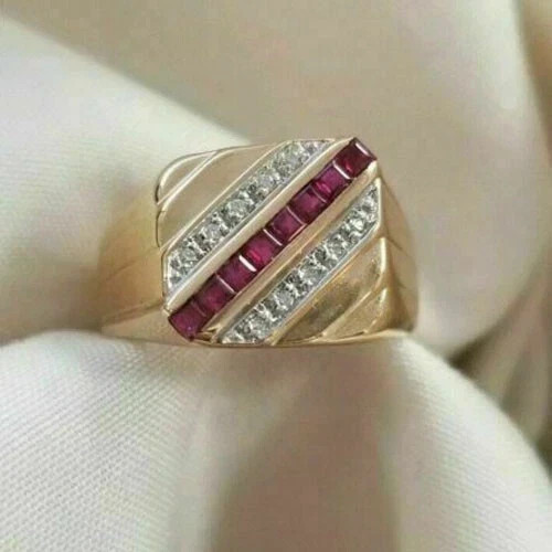Men’s Lab Created Princess Cut Ruby Diamond Ring 14k Yellow Gold Plated Silver