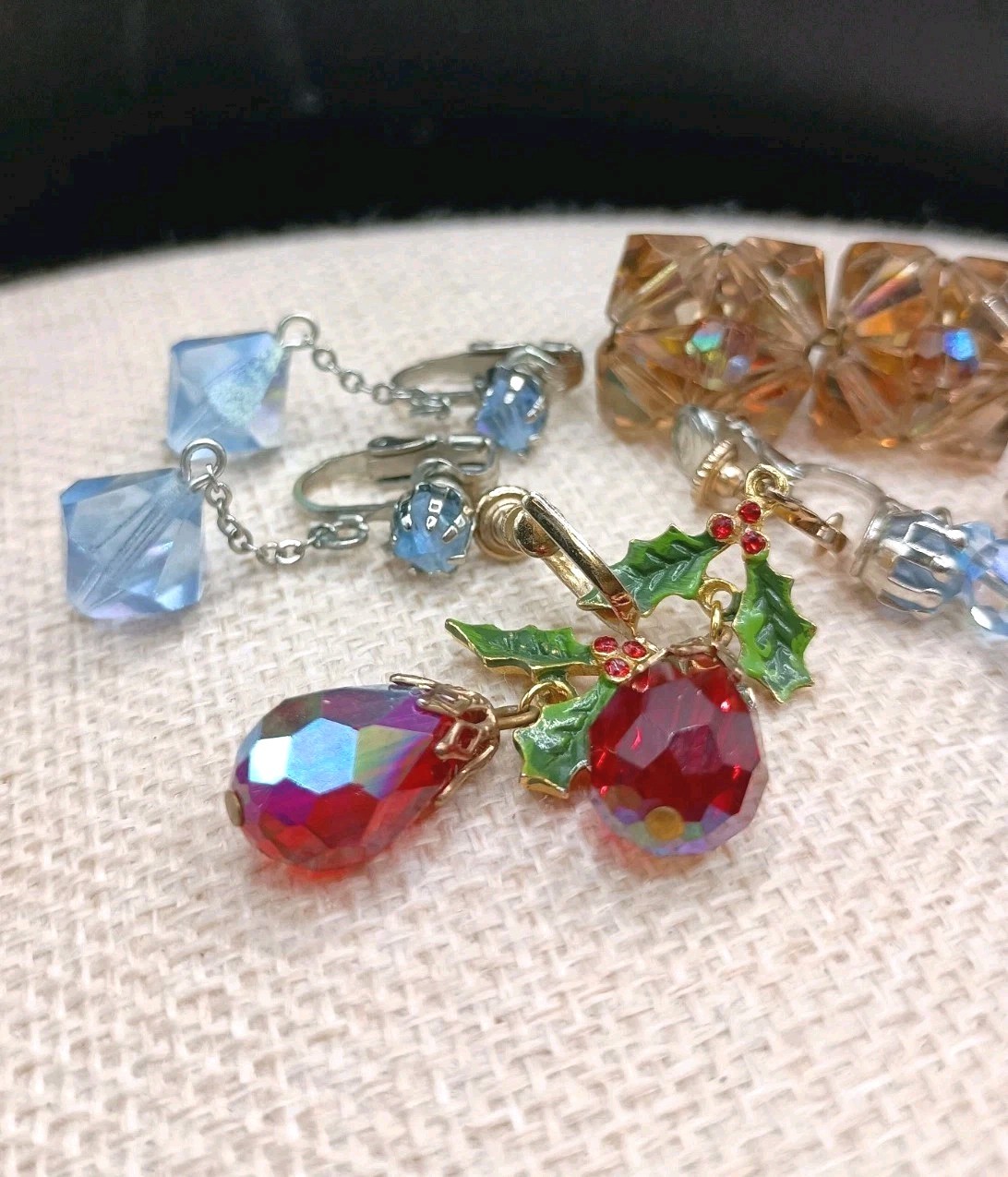 Vintage AB Crystal Earrings Lot Set Beaded Clip On Dangle Drop Rhinestone