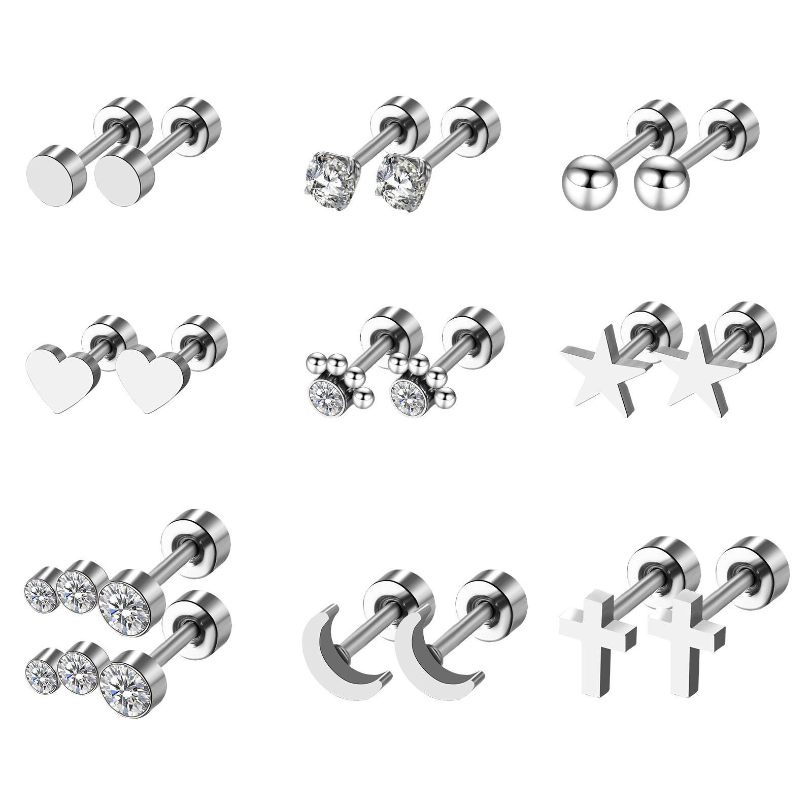 9 Pairs Surgical Steel CZ Ear Studs Cartilage Earrings Hypoallergenic for Women