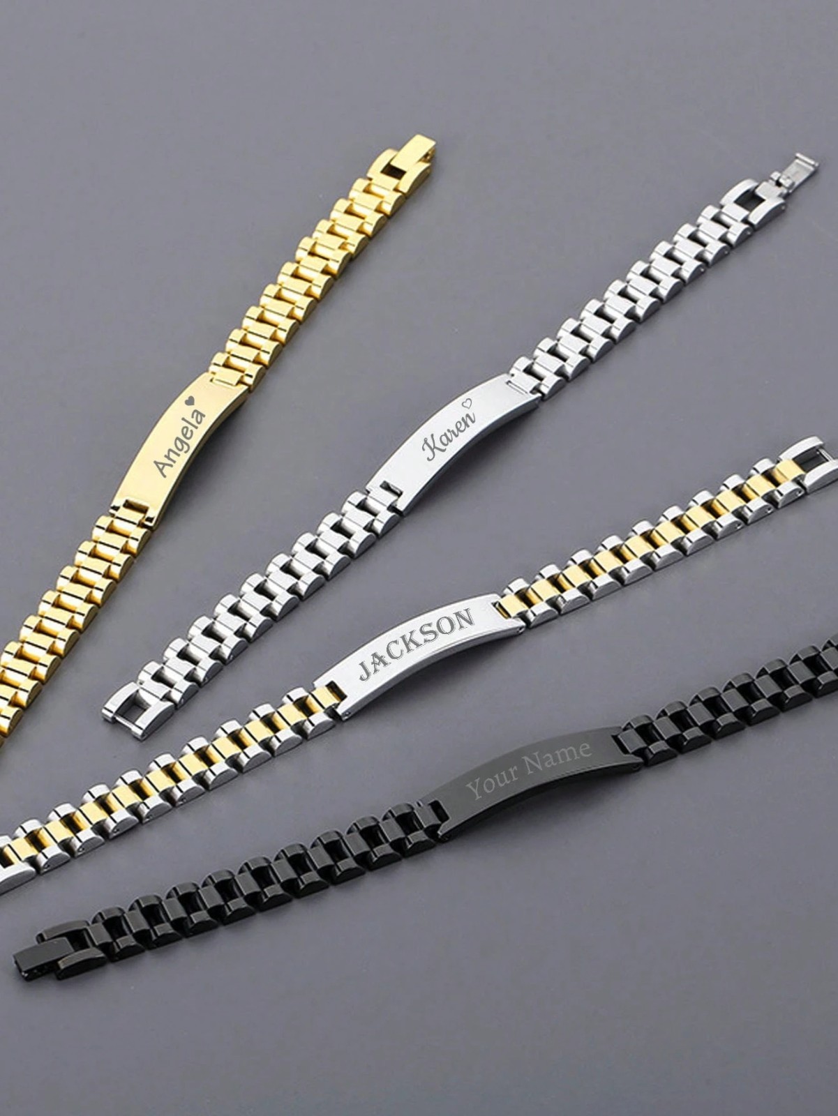 Custom Engraved Name Bracelet Jewelry Men Stainless Steel Gold Black Silver Gift