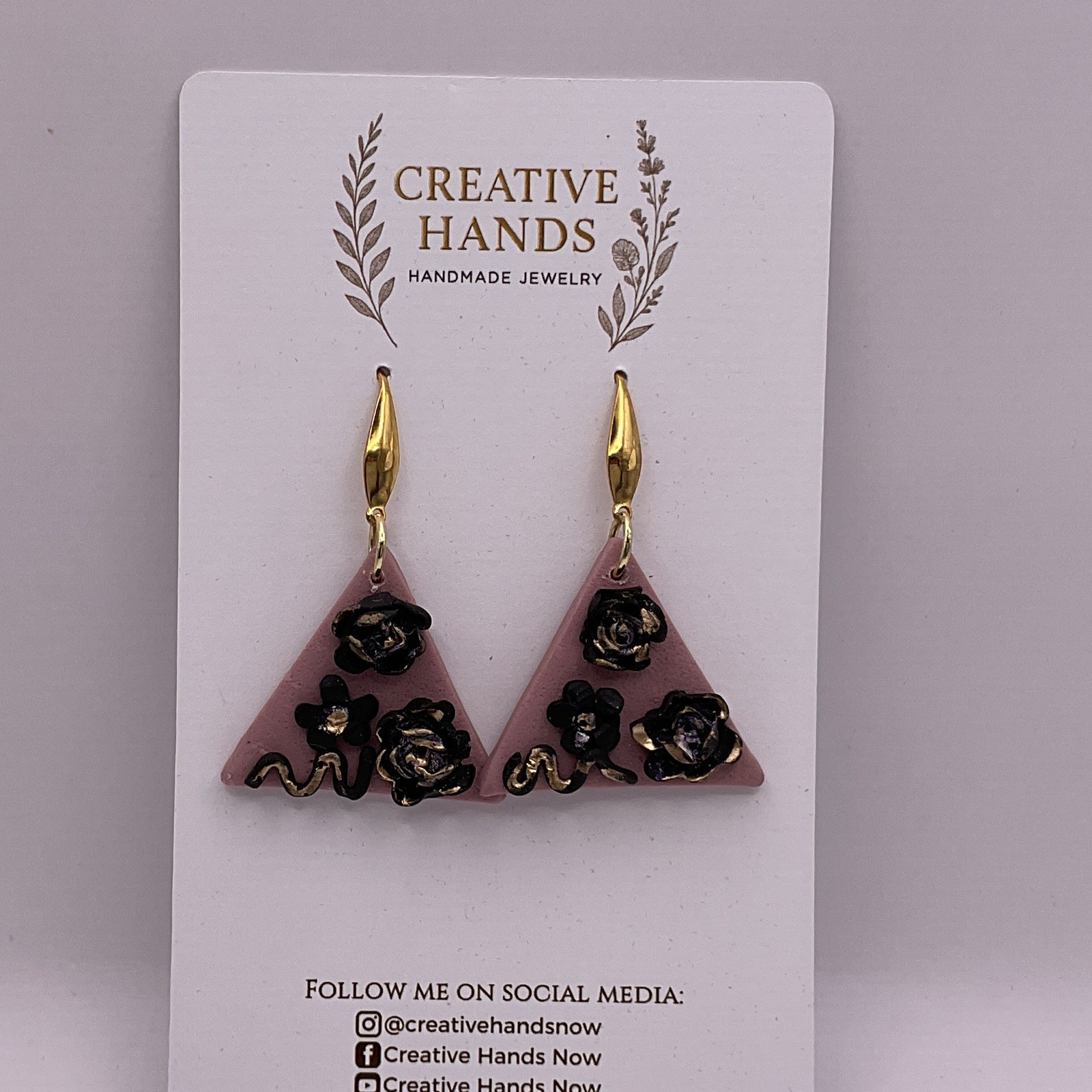 Handmade Pink Triangle Rose Vine Earrings Black Gold Floral Polymer Clay Dangle