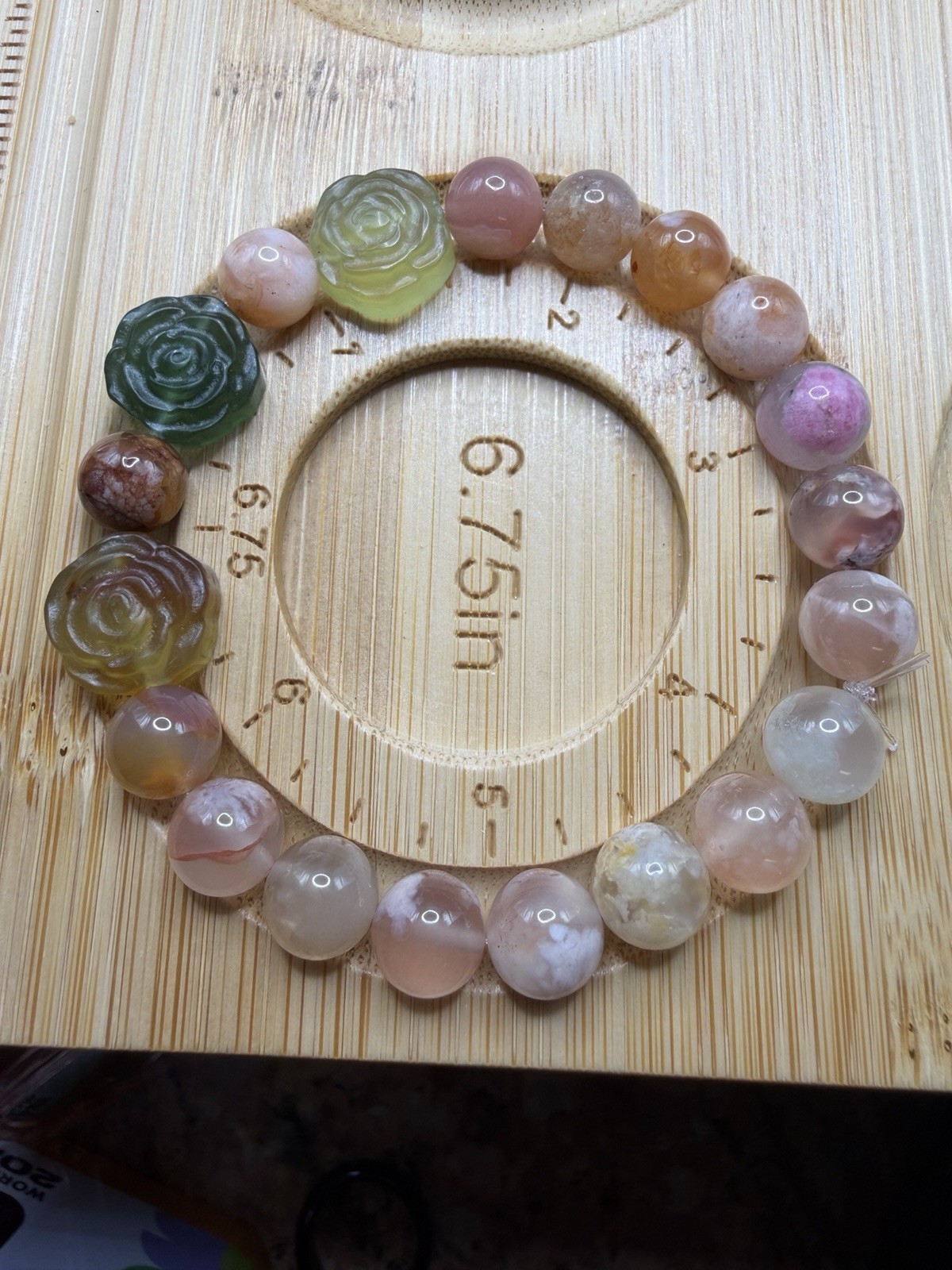 Pink Flower Agate Beaded Bracelet, Featuring a Xiuyan Jade Flower-Shaped Charm
