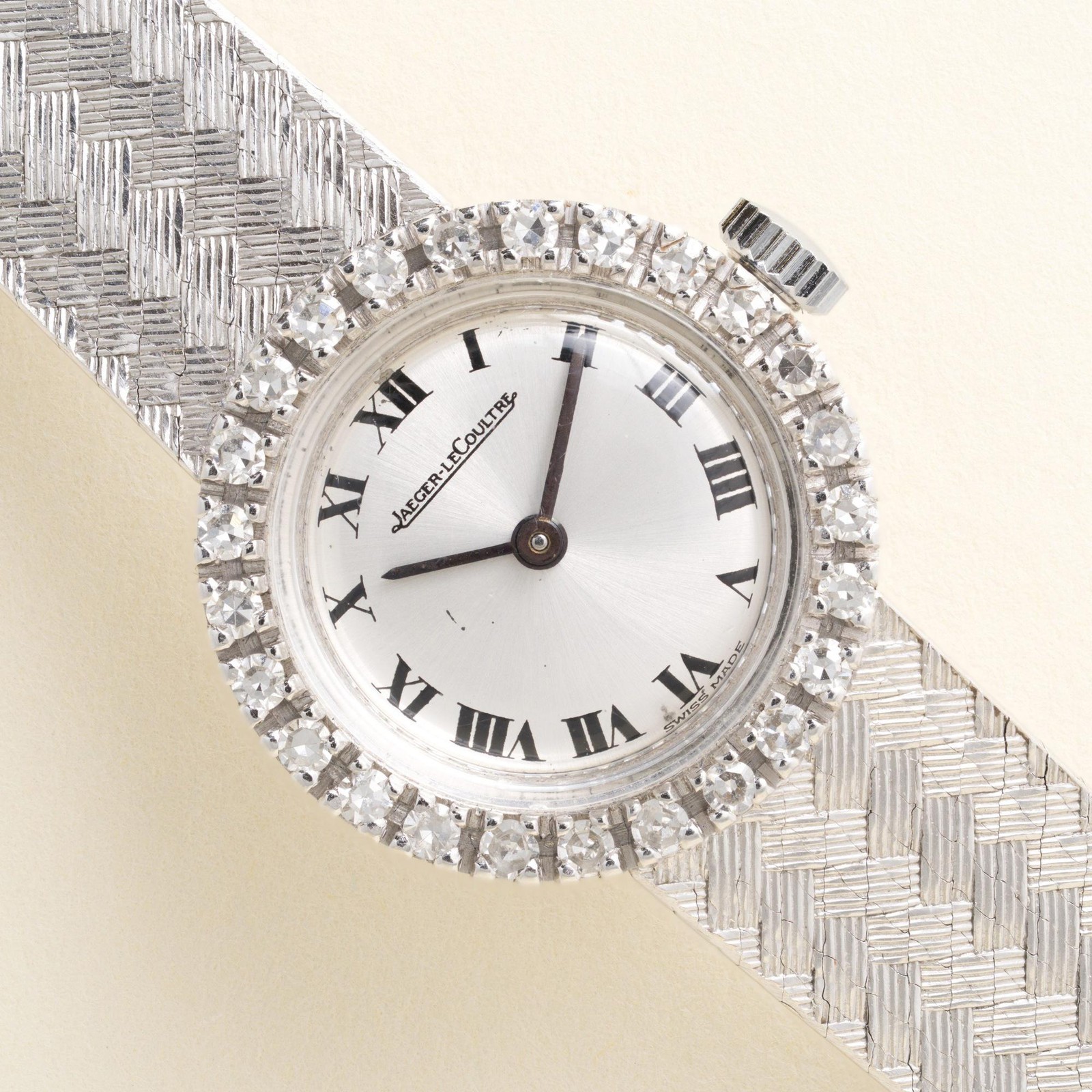 Vintage Jaeger Le Coultre 18K White Gold Diamond Bezel Circle Dial Ladies Watch