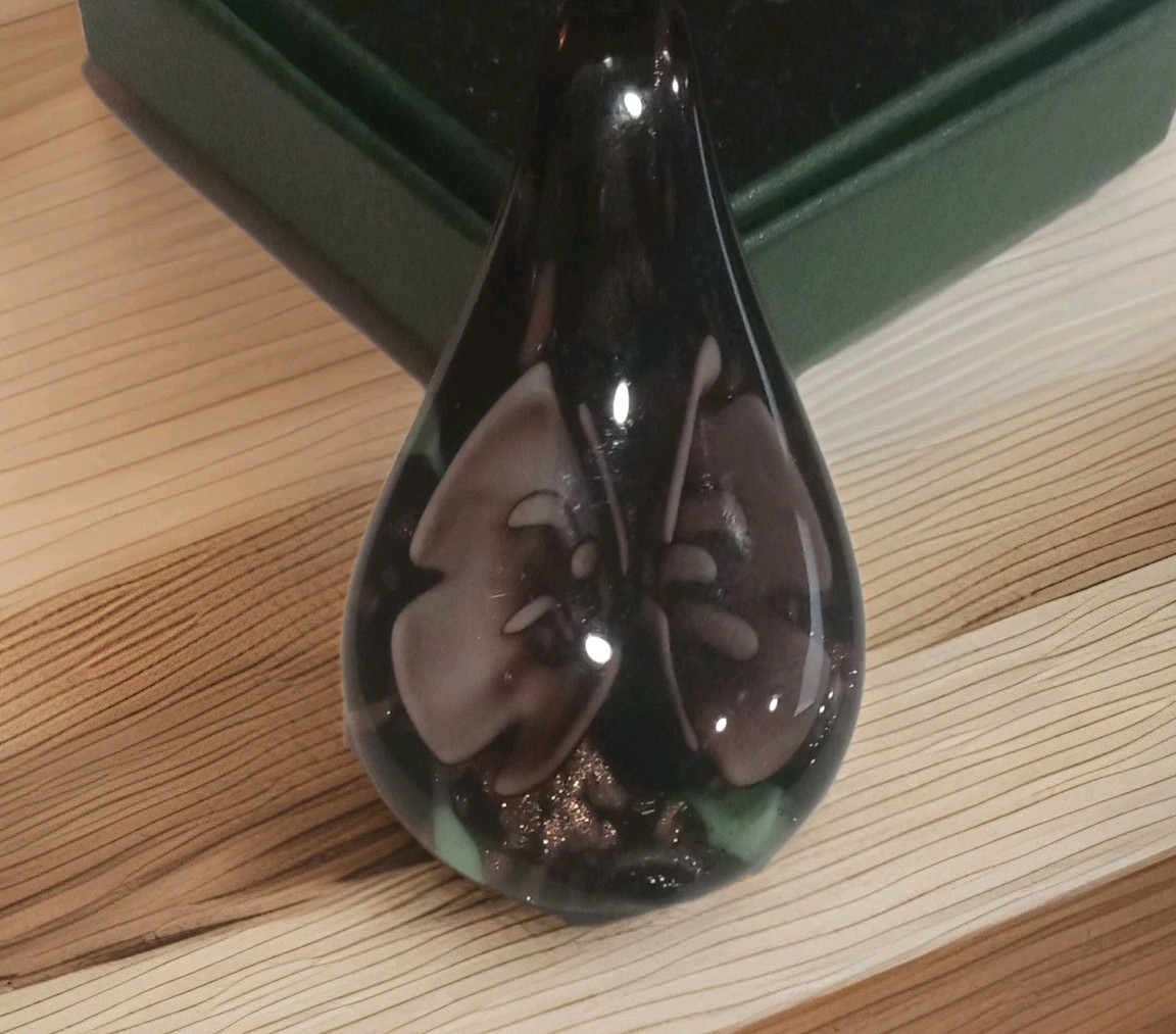 Handcrafted Glass Teardrop Pendant with Floral Design in Black, Brown, Green