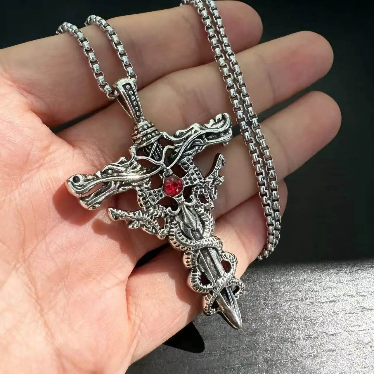Gothic Style Double Dragon Sword Cross Pendant Necklace With 60cm Chain For