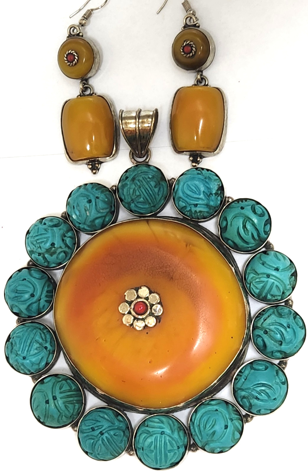 Tibetan Amber Resin Earrings/Large Pendant set in Silver, Carved Turquoise Beads