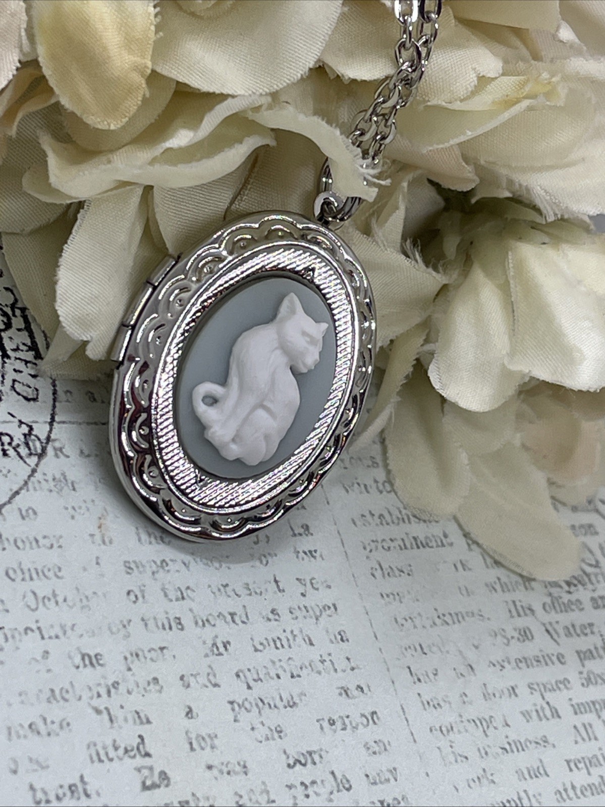 Silver Kitty Cat Kitten Blue Cameo Locket Necklace Pendant Rescue Lover Wedding