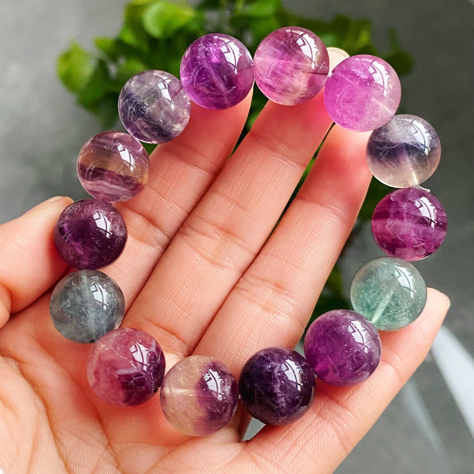 14.7mm Natural Color Fluorite Quartz Crystal Gemstone Beads Bracelet 2944