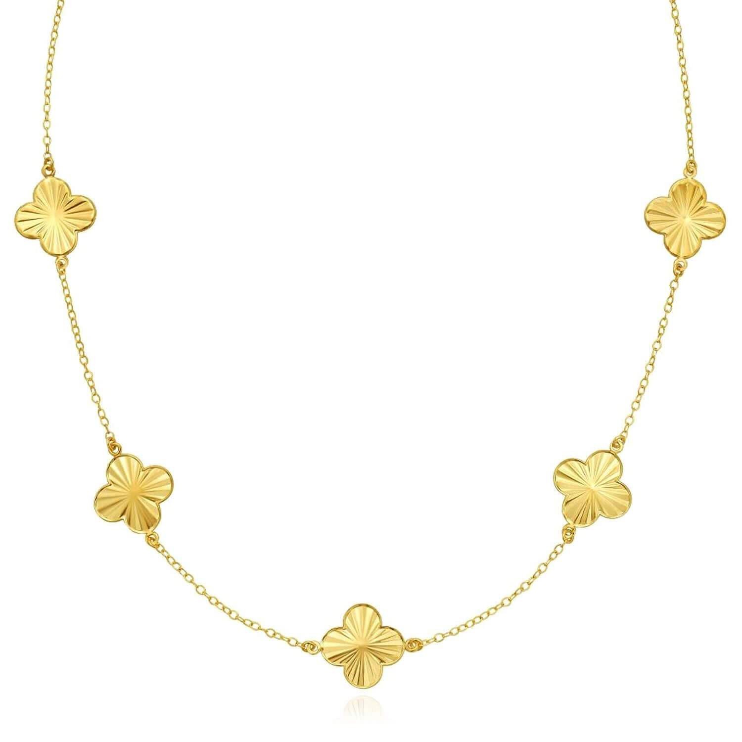 14K Yellow Gold Diamond-Cut Clover Station Necklace Solid Links 16-18″ Adjust