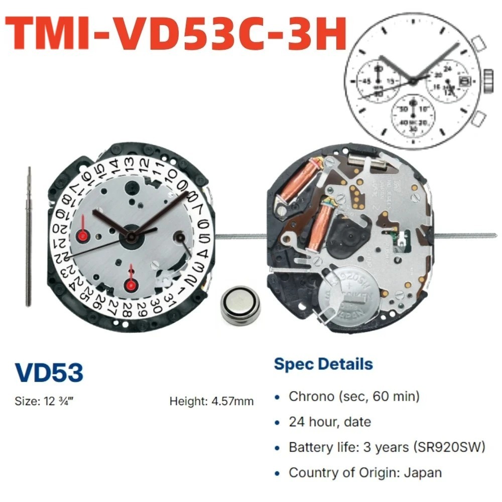 TMI Seiko VD53C Chronograph Movement Choice of Date Position 3, 4.5 or 6 O’Clock
