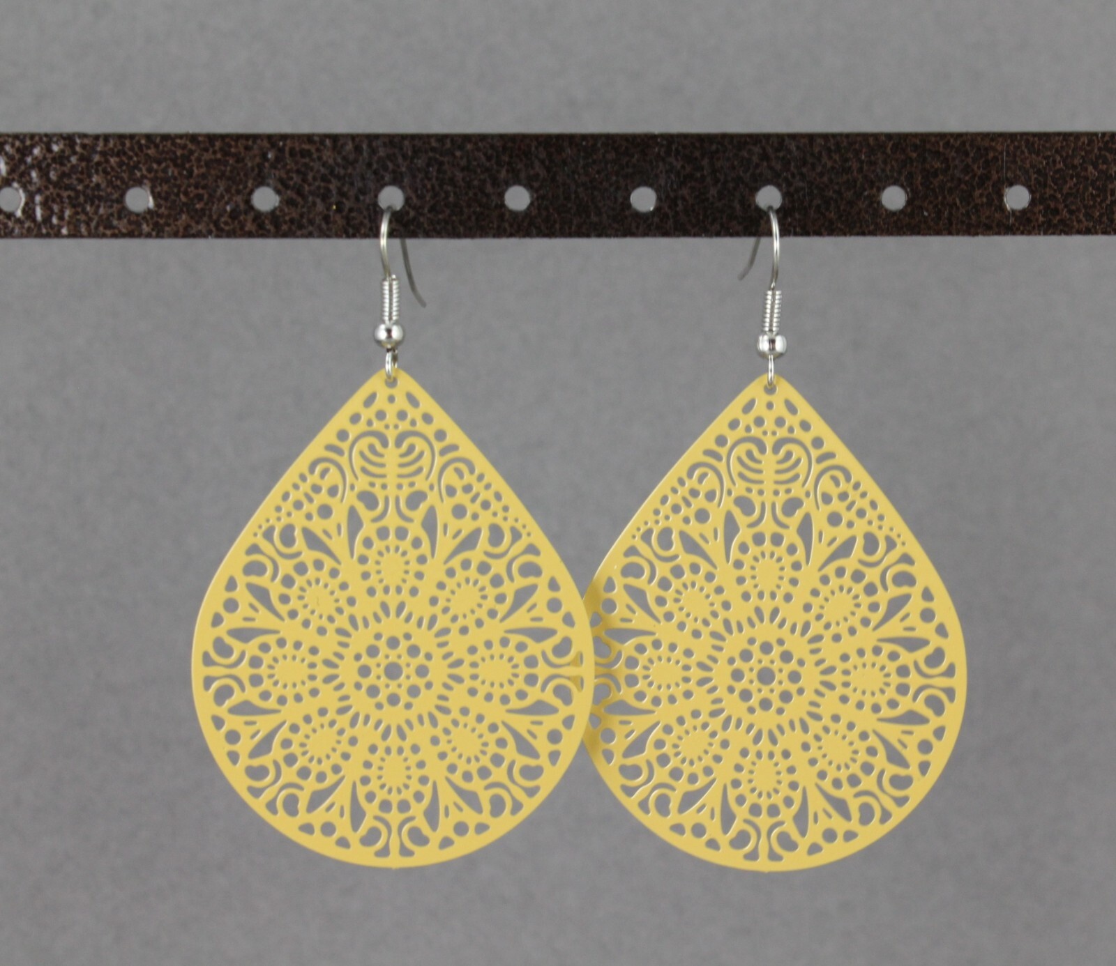 mustard yellow earrings teardrop dangle VERY lightweight oval filigree 2.5″ long