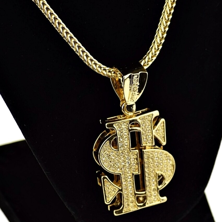 Dollar Sign Chain Iced Simulated CZ Cash Pendant Gold Plated Franco Necklace 36″