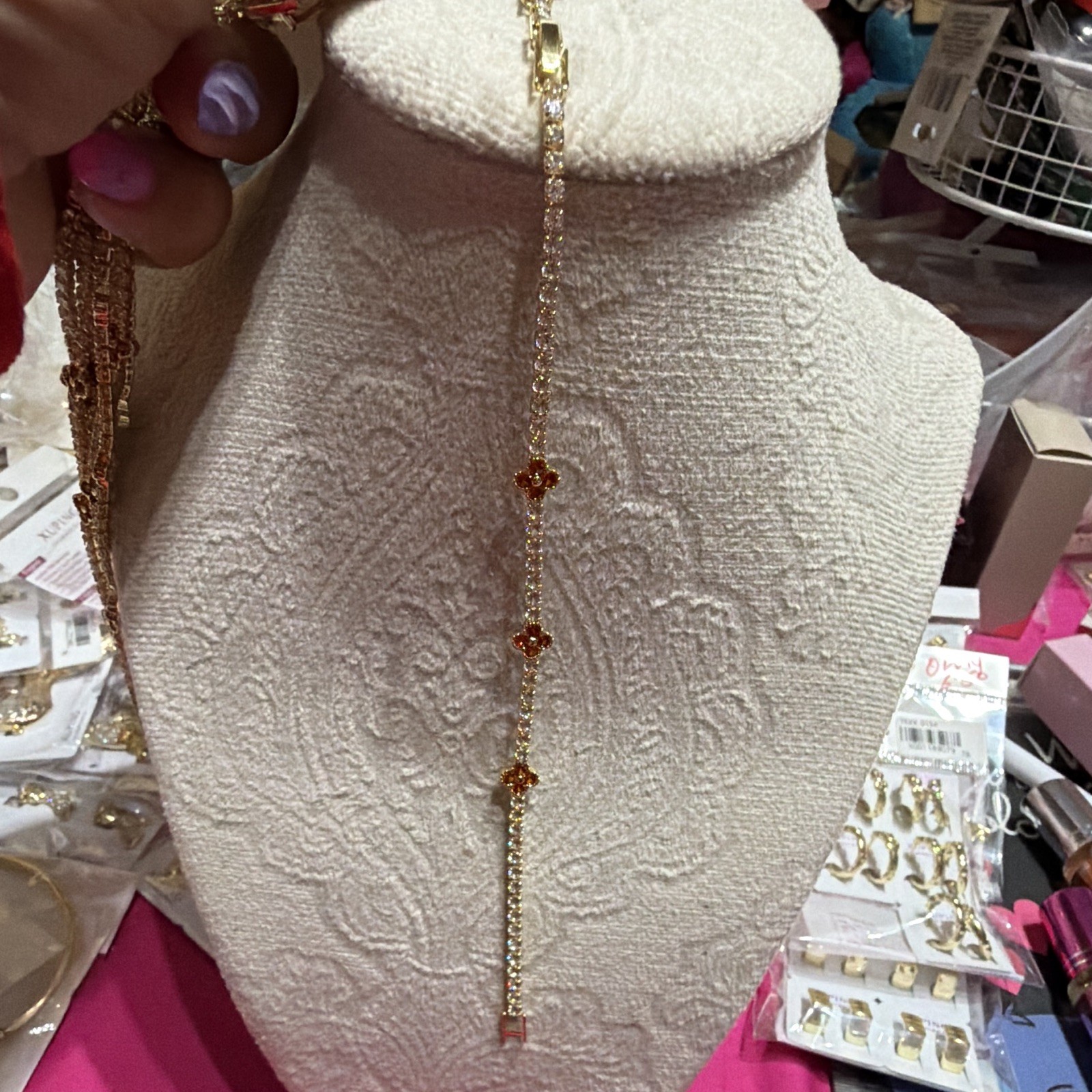 Gold Tone Metal Chain Necklace with Clover Stations Clear Crystal Accents