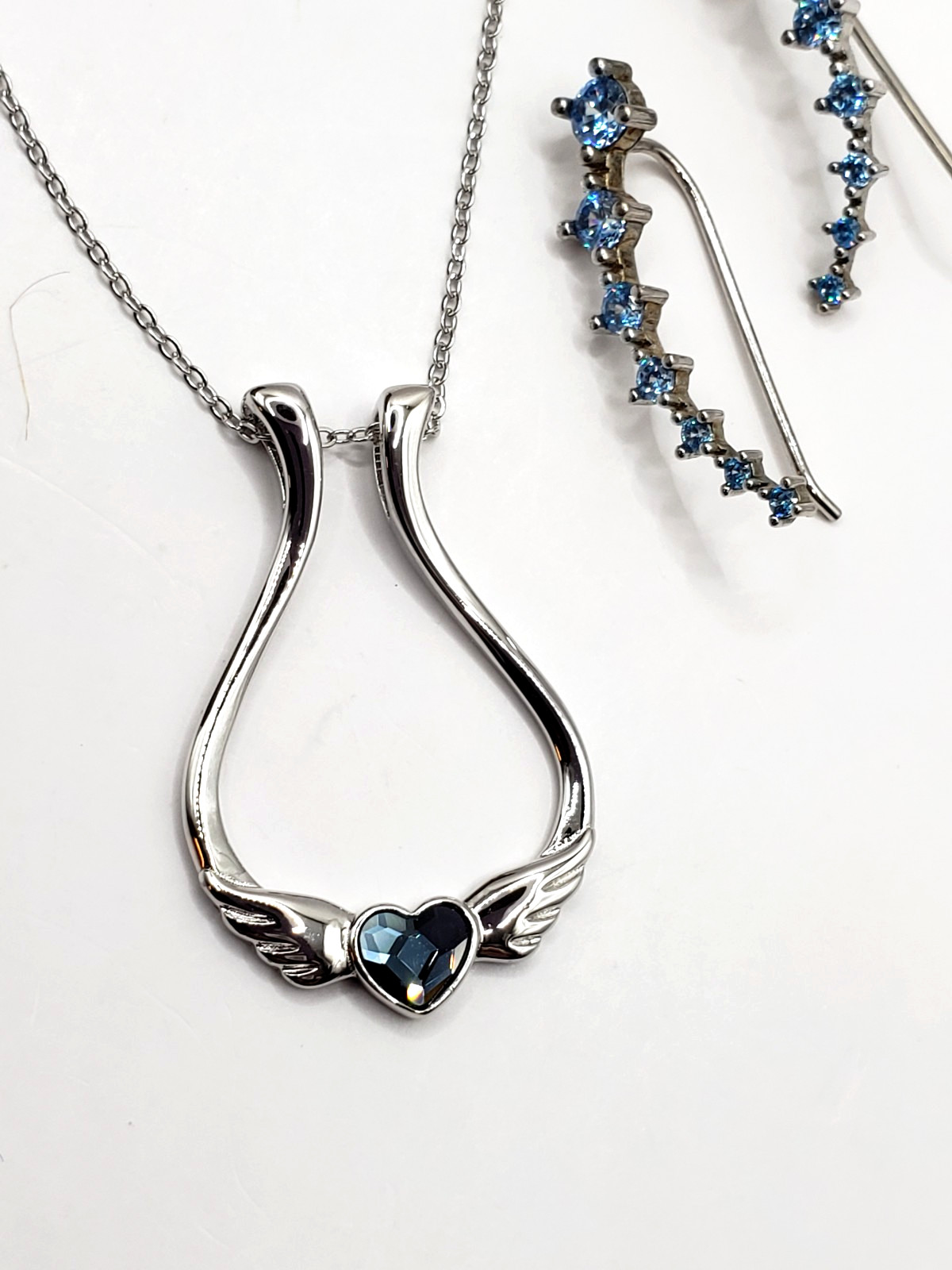 925 Sterling Silver Heaven Angel Wings Blue Arch Necklace & Earrings