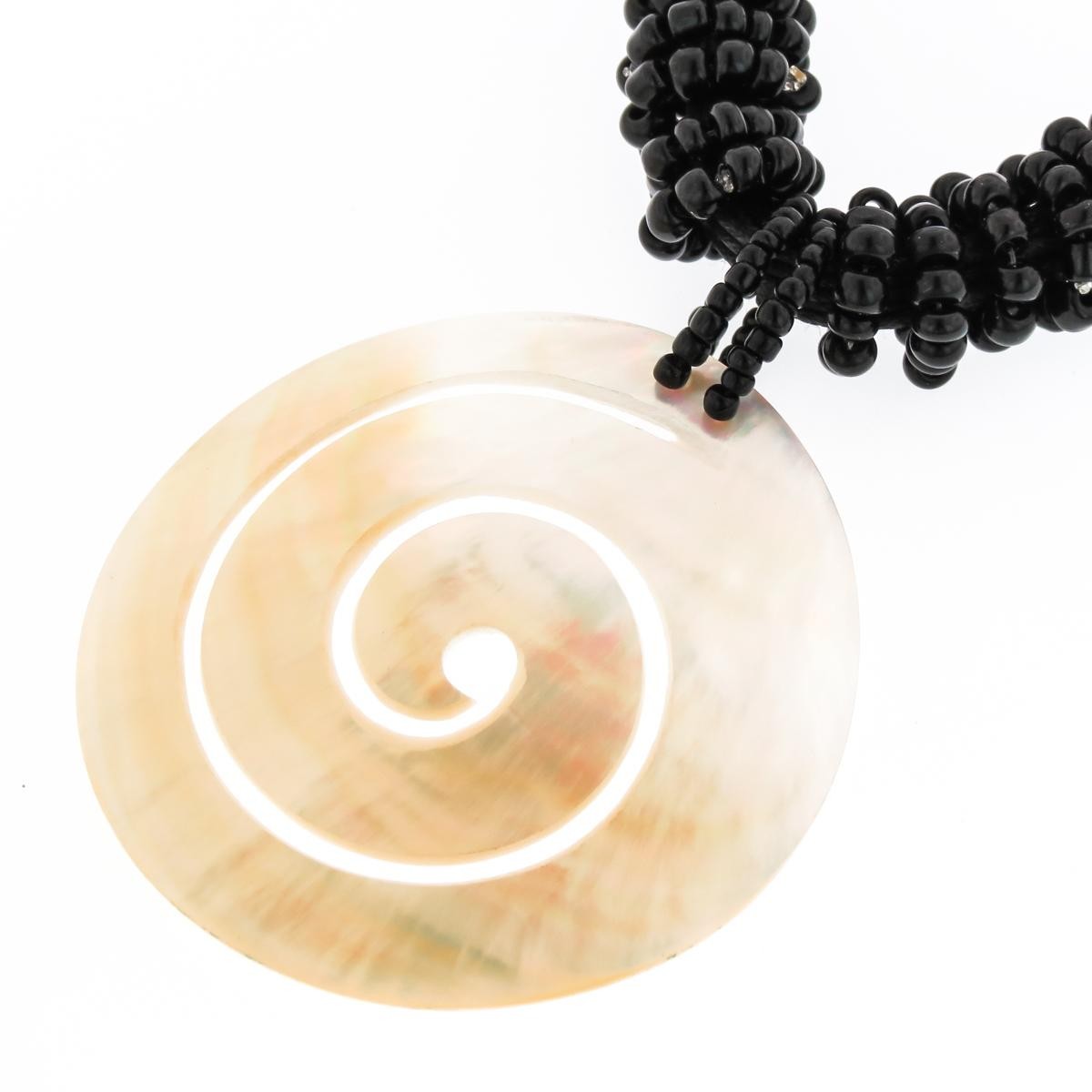 Spiral Luster Mother Of Pearl Shell Black Rope Necklace, 2 3/8″