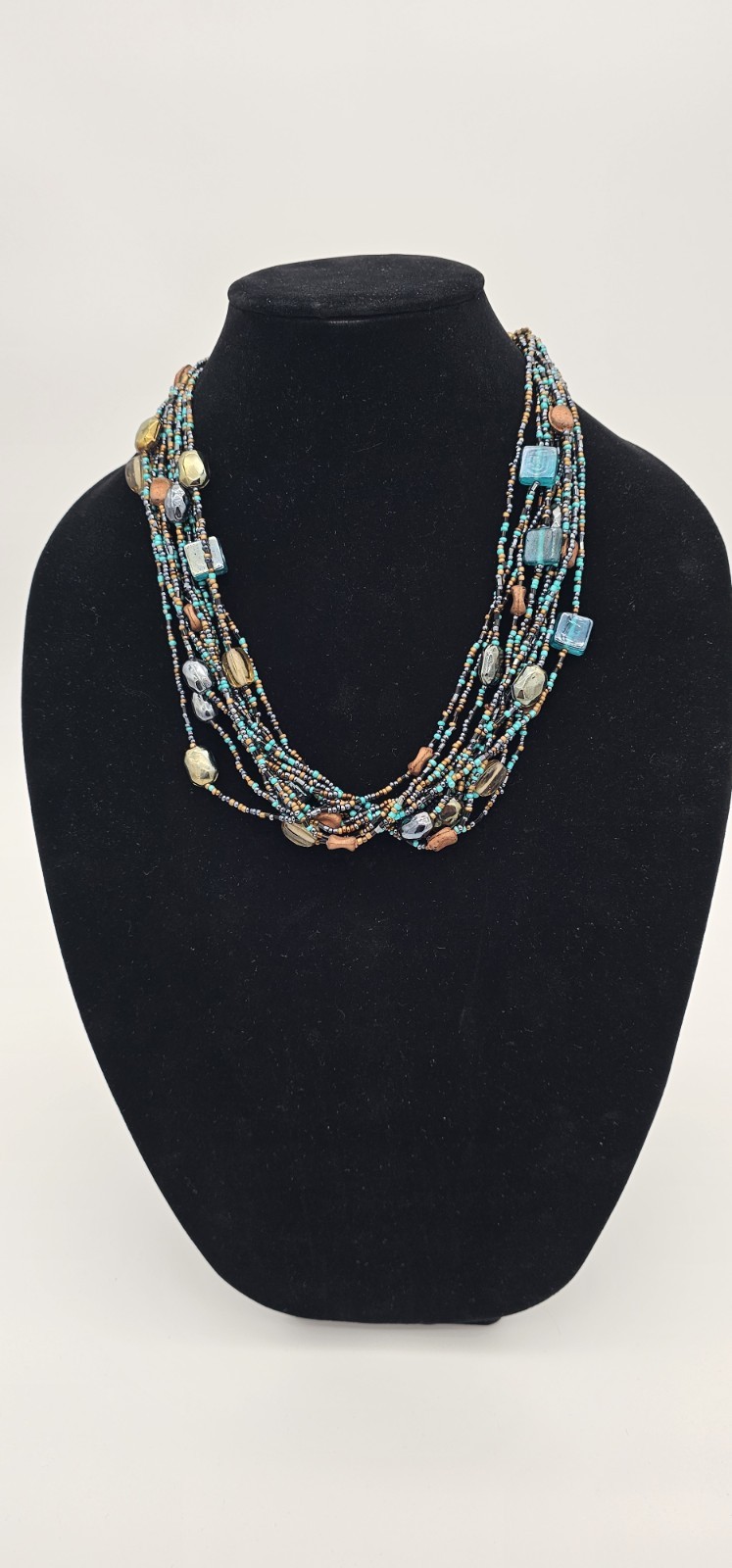 Beaded Multi Colored & Stranded Layered Glass Necklace Blue Square Oval