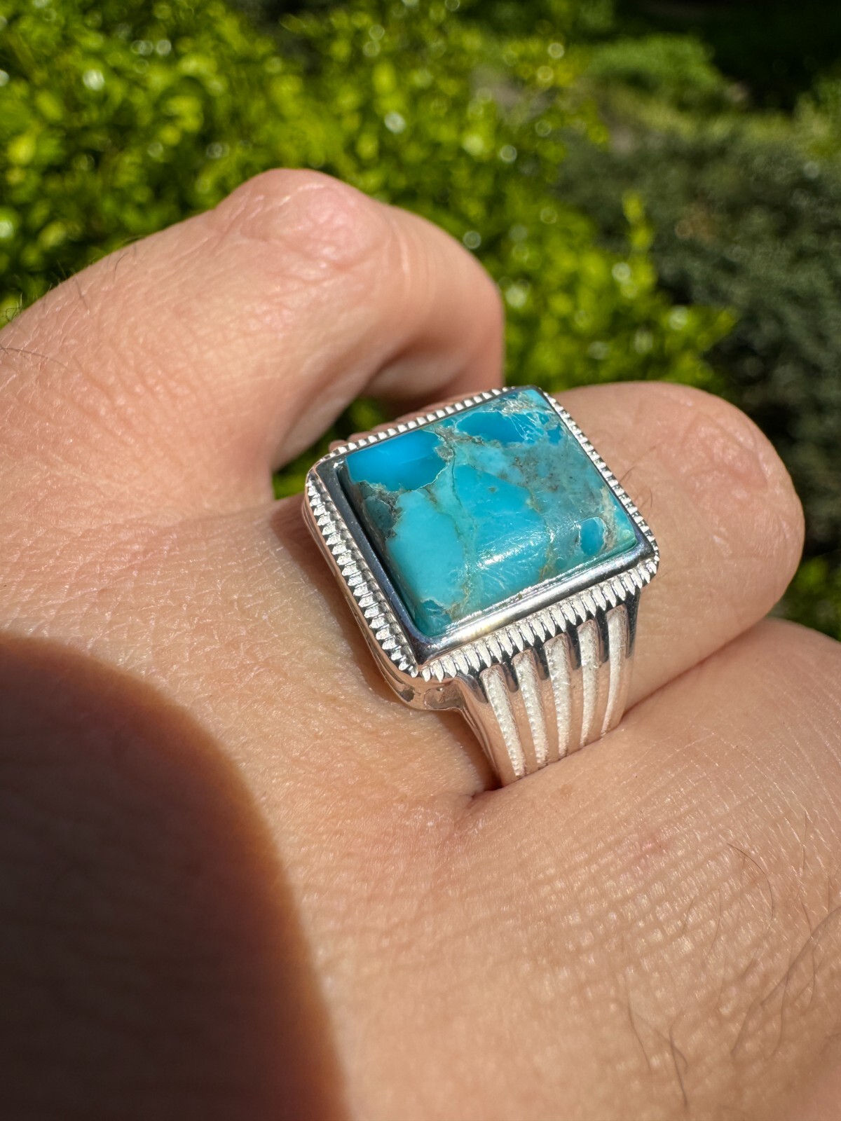 Blue Genuine Turquoise Stone Mens Real 925 Silver Ring Size 6 7 8 9 10 11 12 13