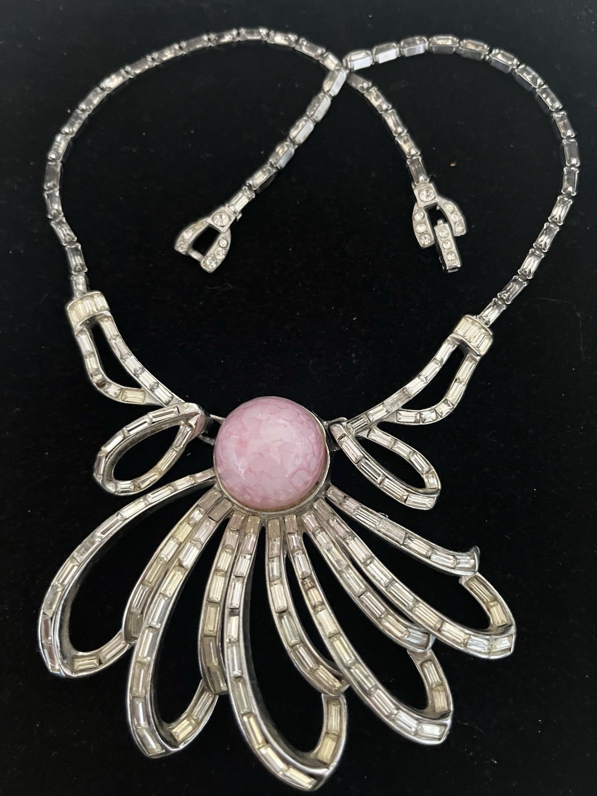 Boucher Style Grey & Clear Baguette Rhinestones pink Cabochon Statement Necklace