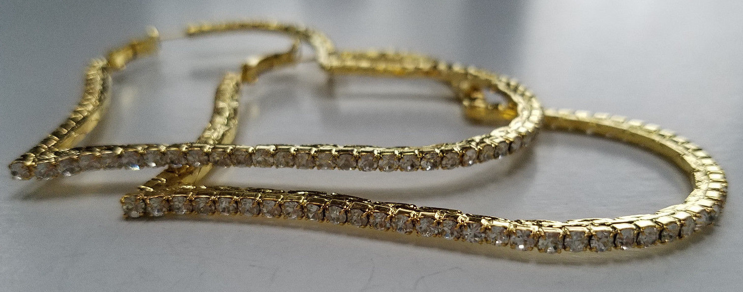 BIG HEART HOOPS GOLD TONE LADIES FASHION EARRINGS SPARKLE WHITE CRYSTALS STONES