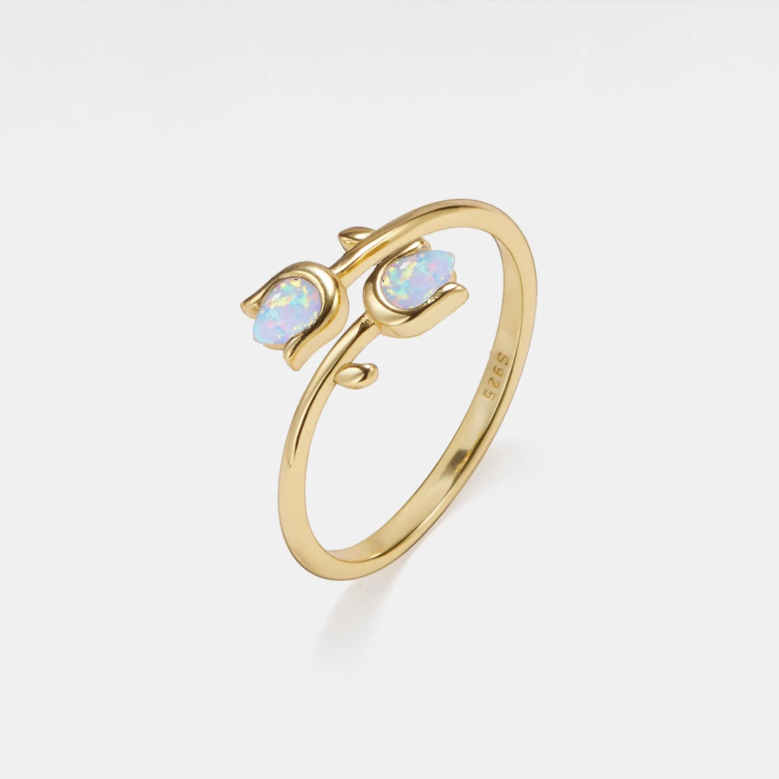 Dainty Opal Tulip Flower Stacking Bypass Ring in 925 Sterling Silver